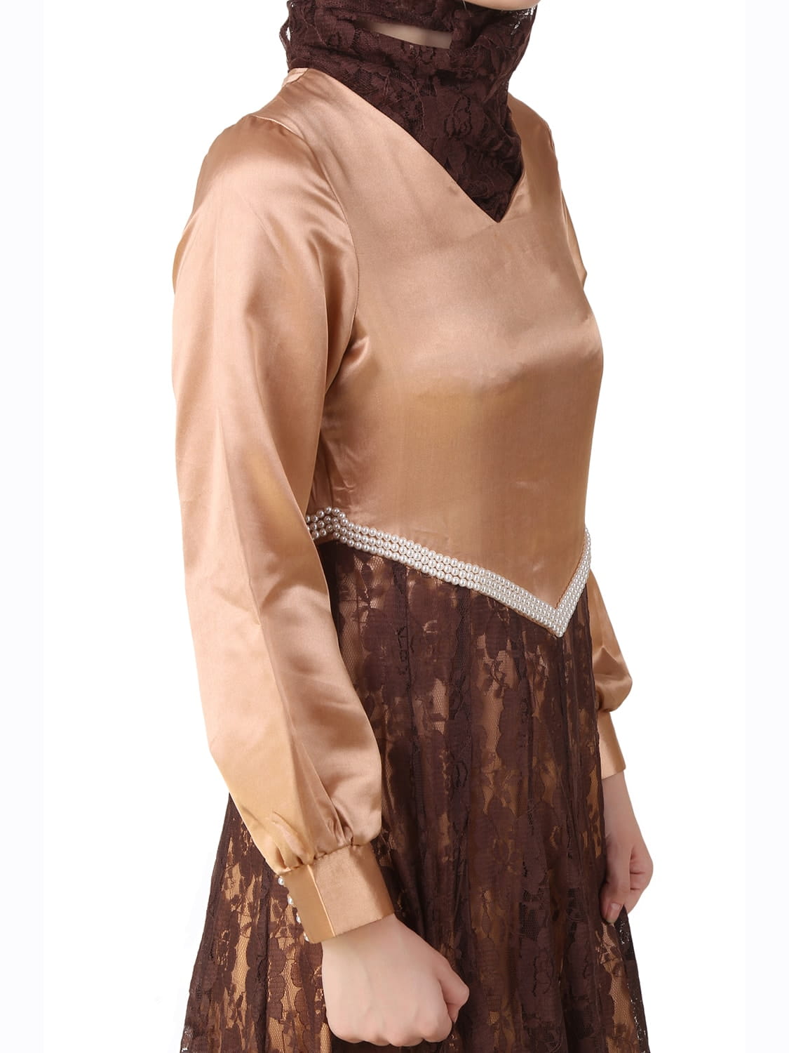 Mahrosh Copper Satin & Brown Flower Net Abaya