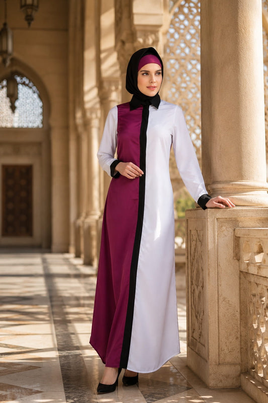 Daliya White & Wine Crepe Short Abaya