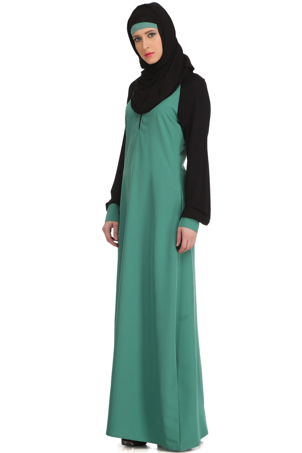 Buy Tafida Light Green Kashibo & Black Jersey Sleeves Sports Abaya