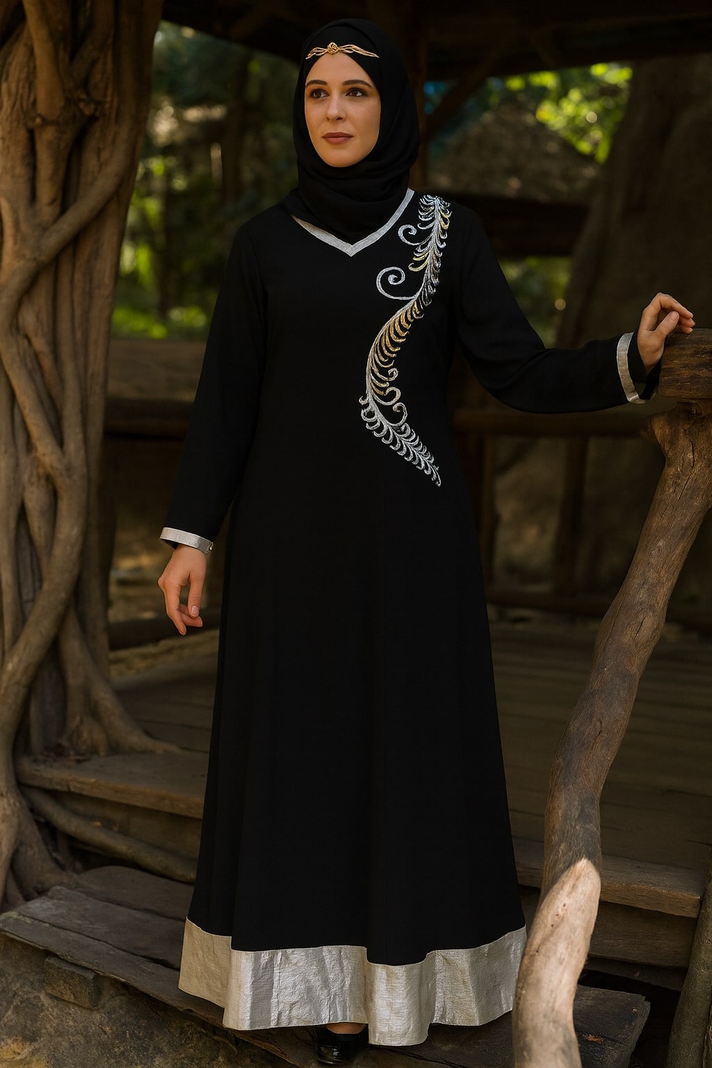 Woman in a black dress with white embroidery standing outdoors.