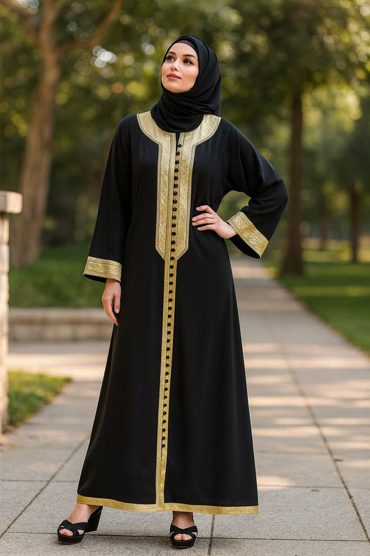 Woman wearing a black abaya with gold accents in an outdoor setting