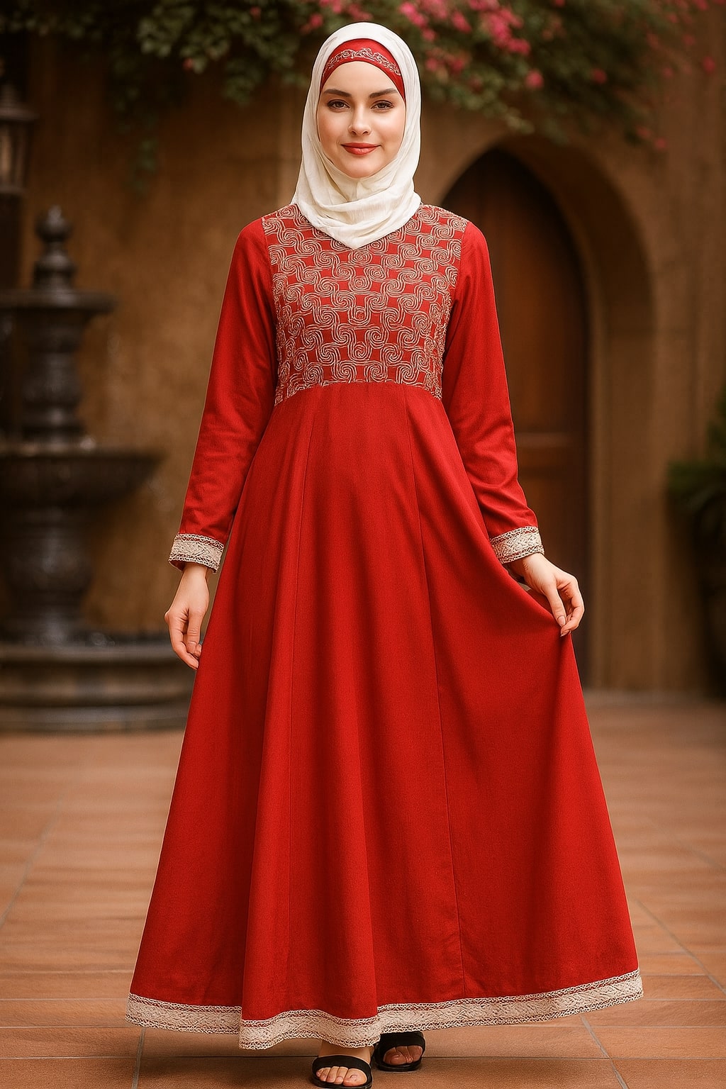 Woman wearing a red dress with a patterned top in an outdoor setting.