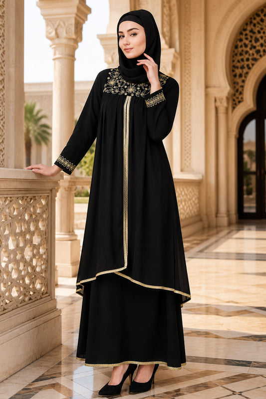 Black Dual Layer Nida & Georgette Embroidered Abaya AY-707