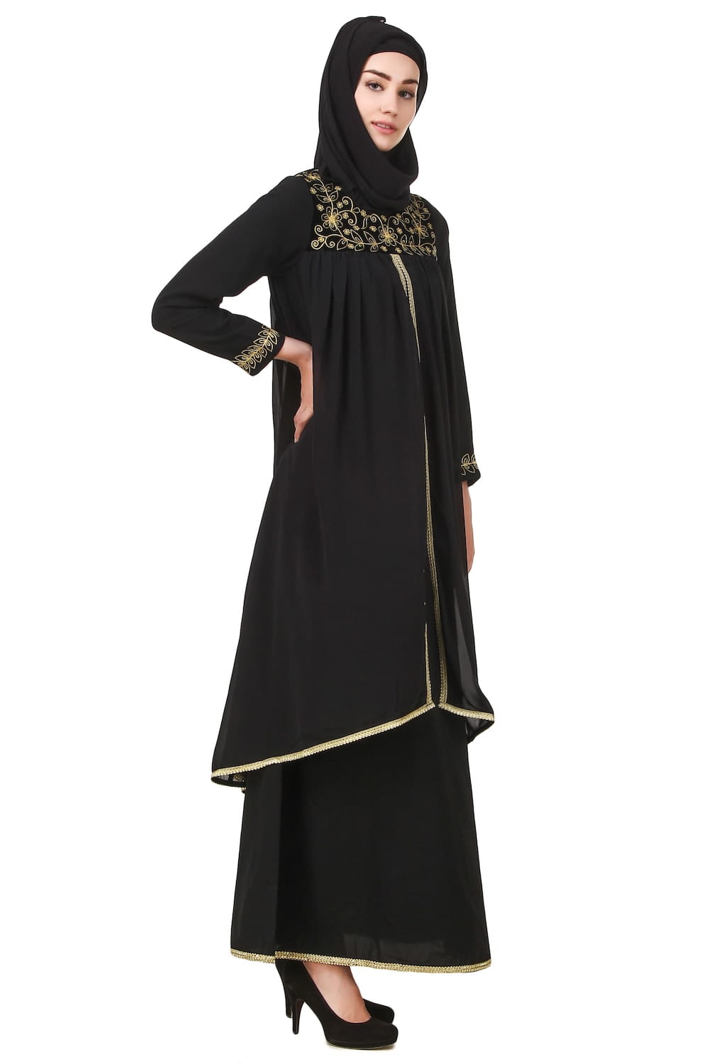 Black Dual Layer Nida & Georgette Embroidered Abaya AY-707