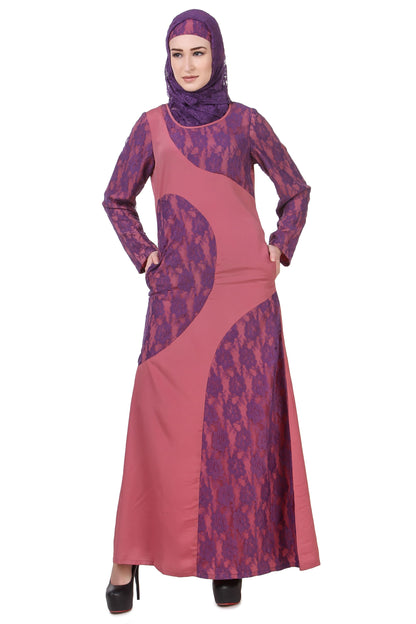 Pink & Purple Flower Net Abaya