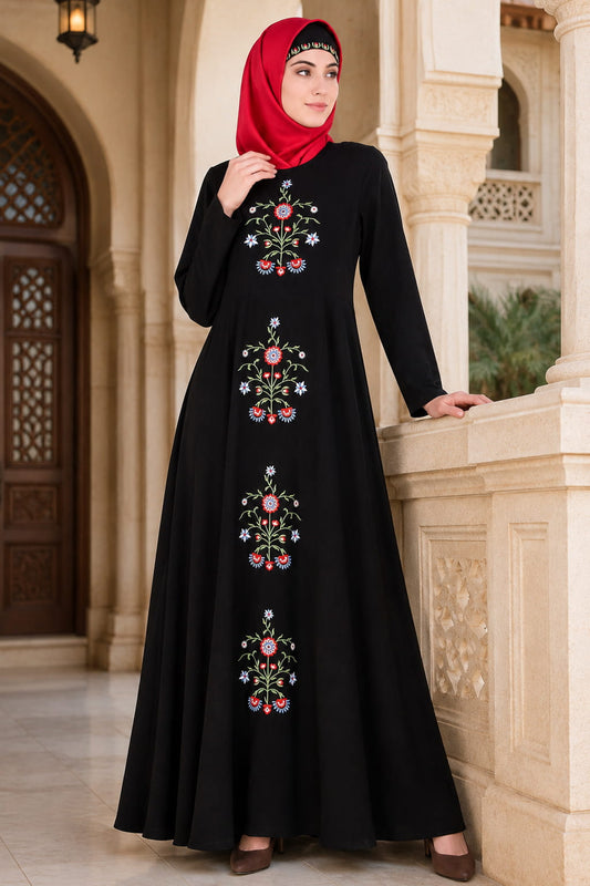 Black Floral Embroidered Nida Abaya