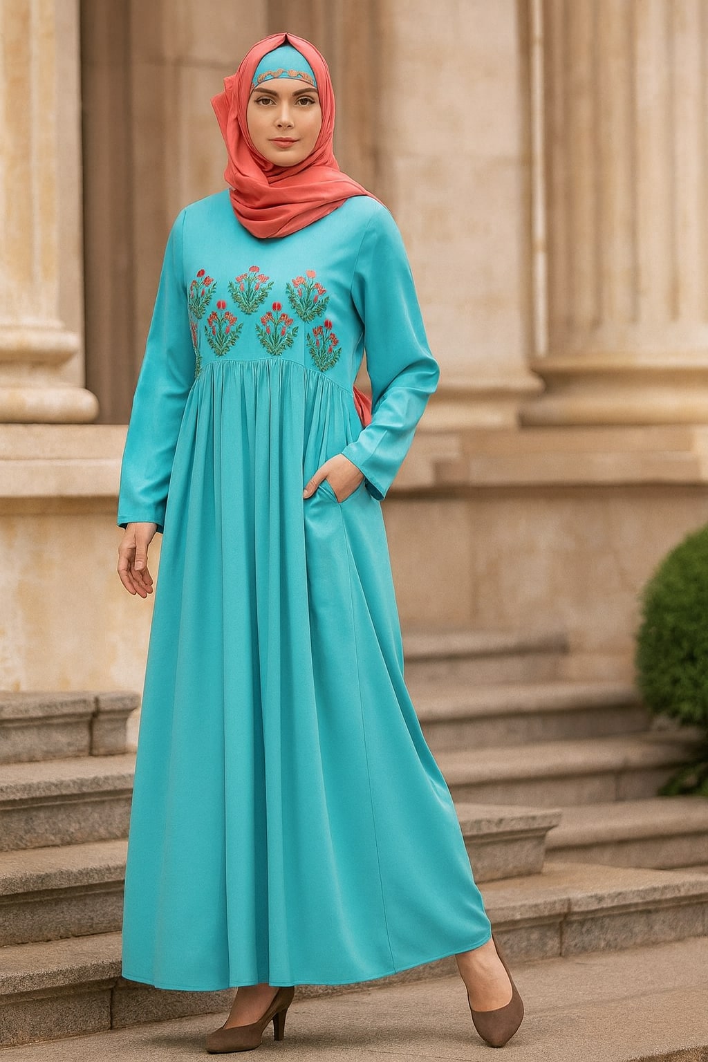 Woman wearing a turquoise dress with floral embroidery and a red hijab standing on steps.