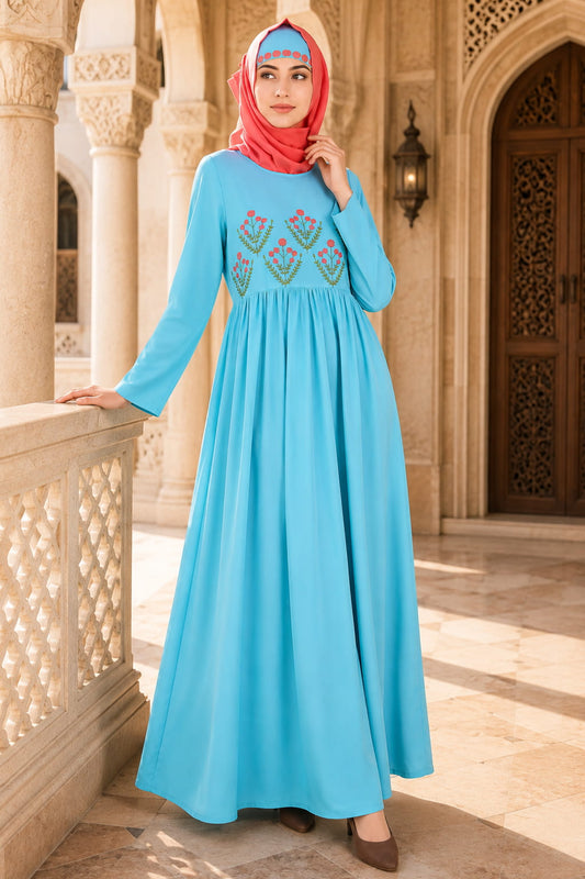 Turquoise Embroidered Crepe Abaya
