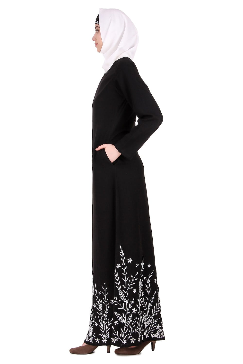 Descending Leaf Pattern Embroidered Abaya