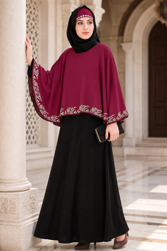Black & Rose Pink Semi-Circular Cape Abaya