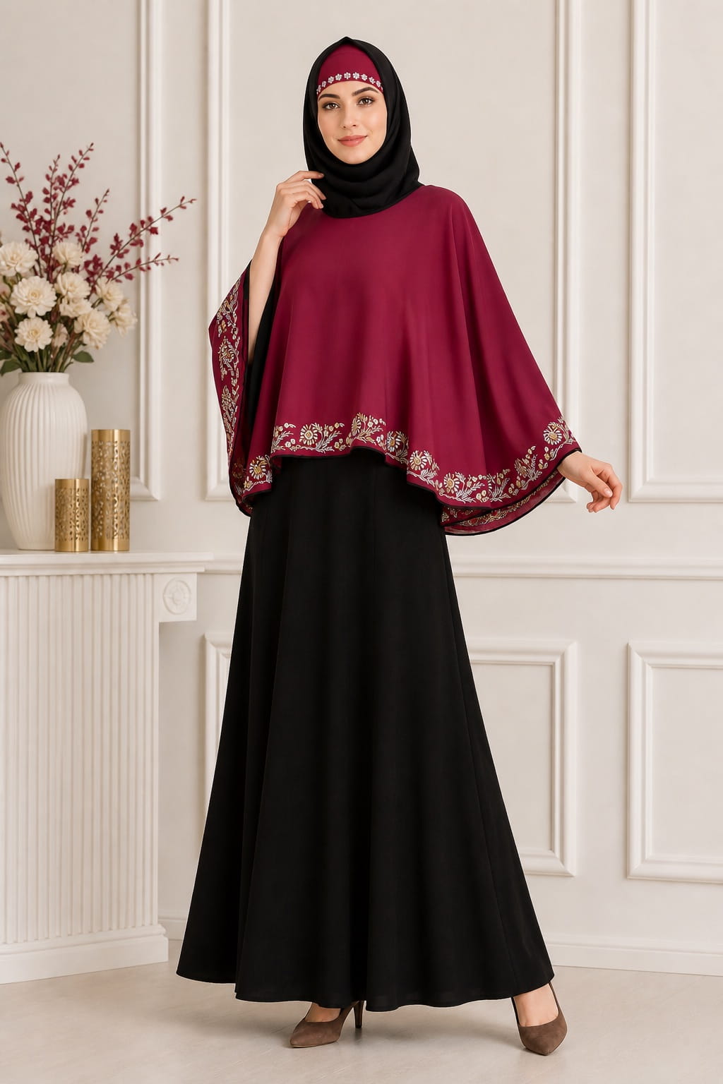 Black & Rose Pink Semi-Circular Cape Abaya