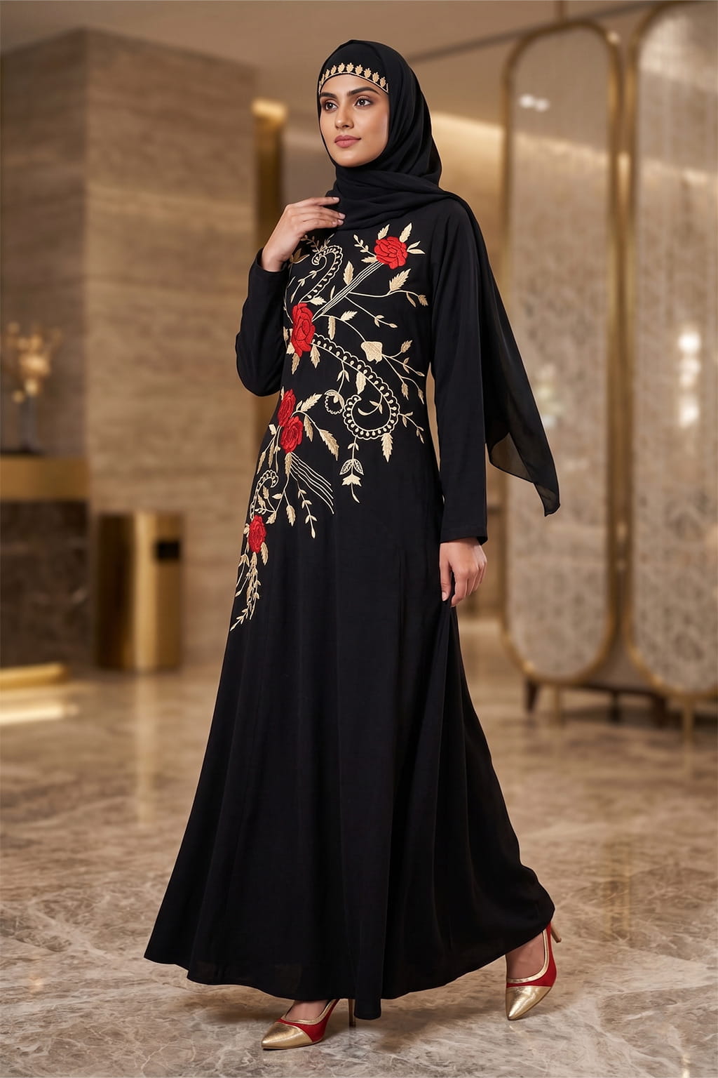 Woman wearing a black abaya with floral embroidery in a luxurious interior setting