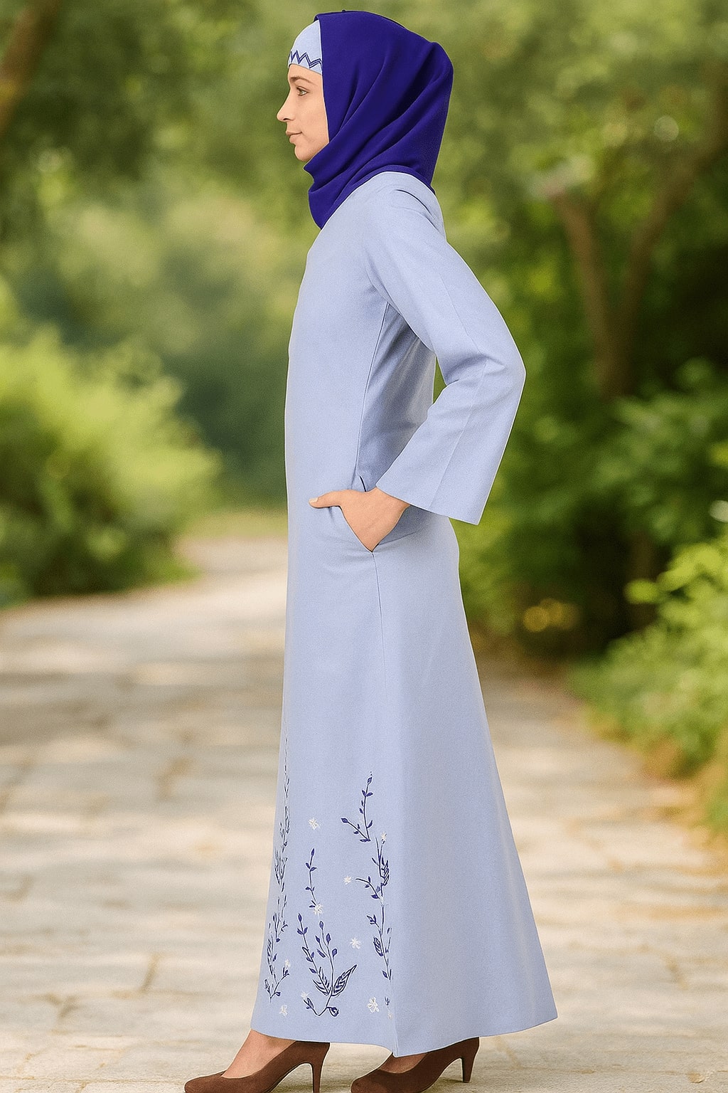 Blue Cotton Embroidered Abaya