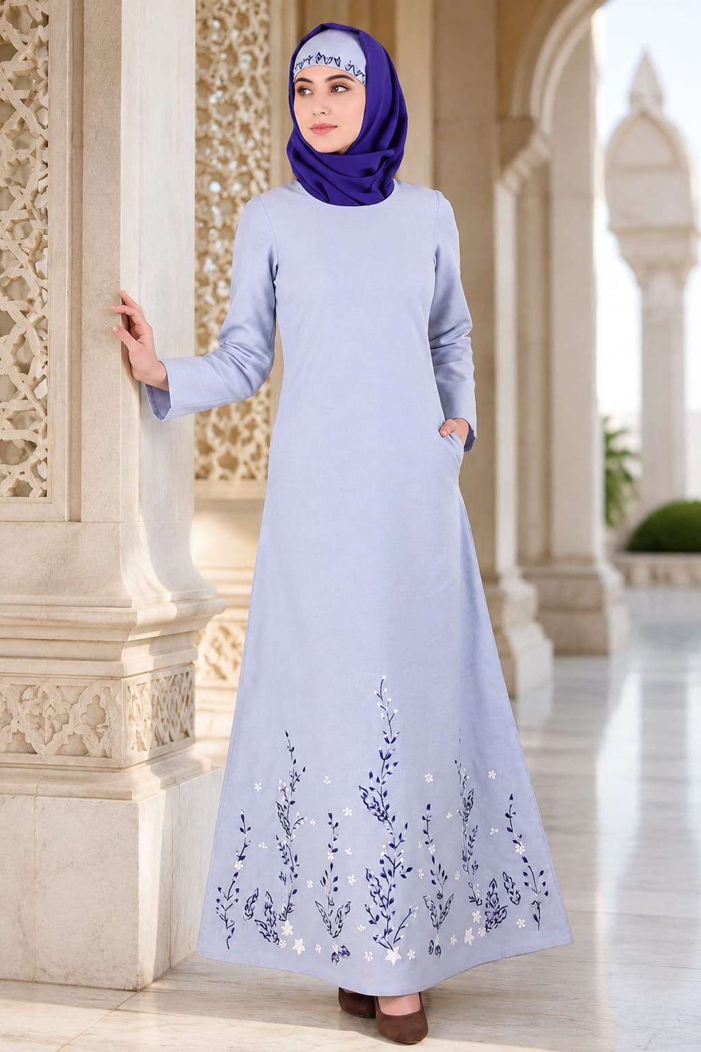 Blue Cotton Chambray Embroidered Abaya