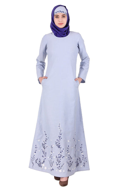 Blue Cotton Chambray Embroidered Abaya