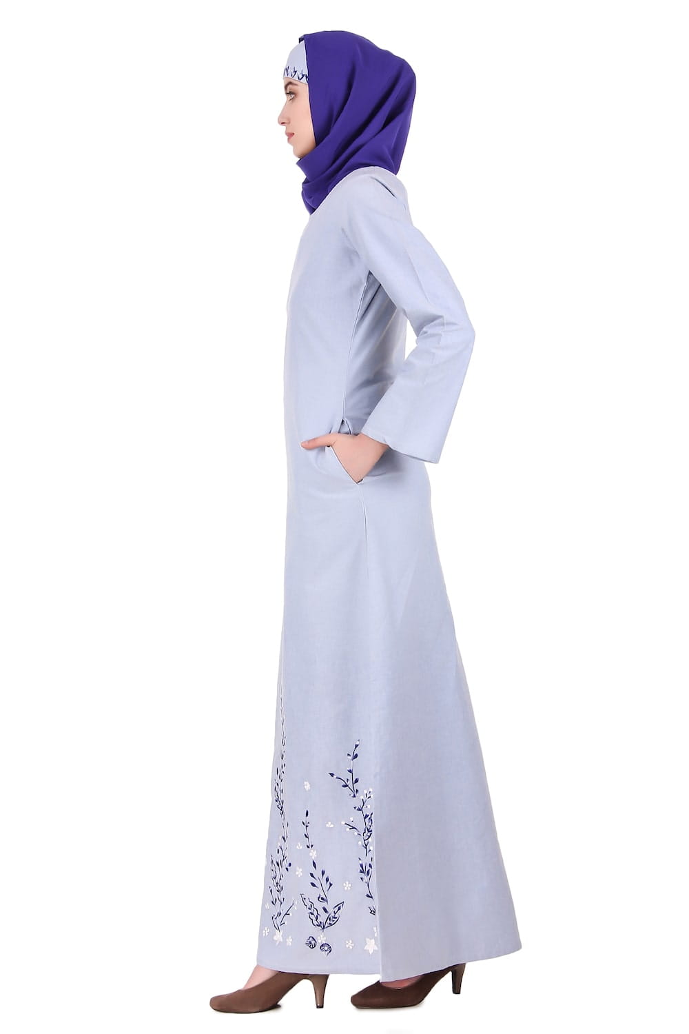Blue Cotton Chambray Embroidered Abaya