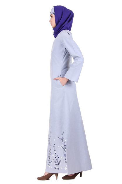 Blue Cotton Chambray Embroidered Abaya