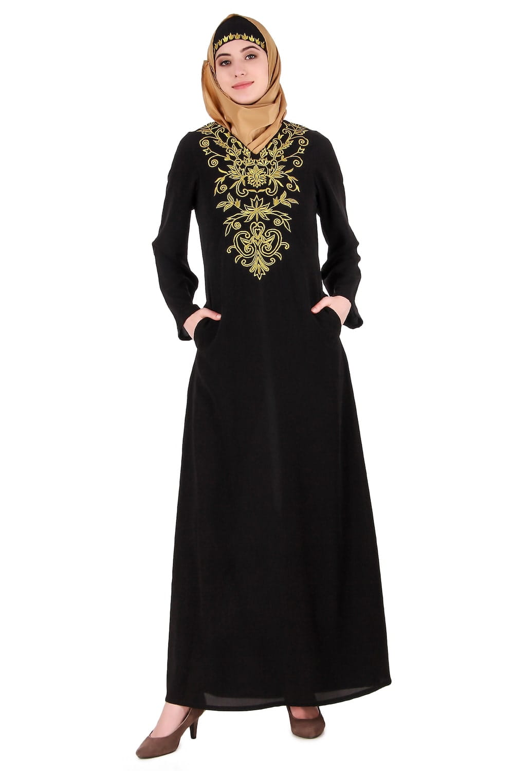 Gold Floral Embroidered Festive Abaya