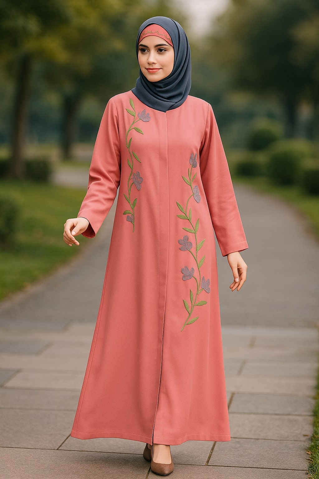 Woman wearing a pink dress with floral embroidery in an outdoor setting
