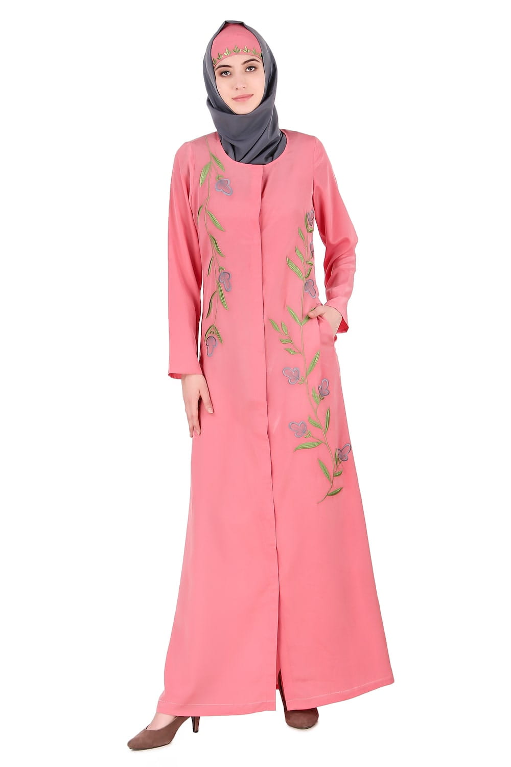 Dusty Pink Front Open Embellished Abaya