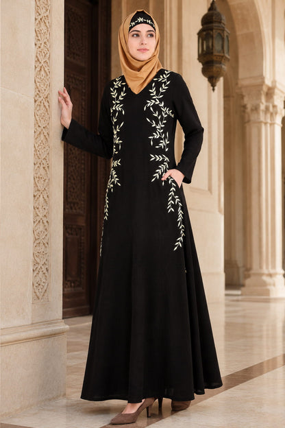 Black Nida Leaf Embroidered Abaya