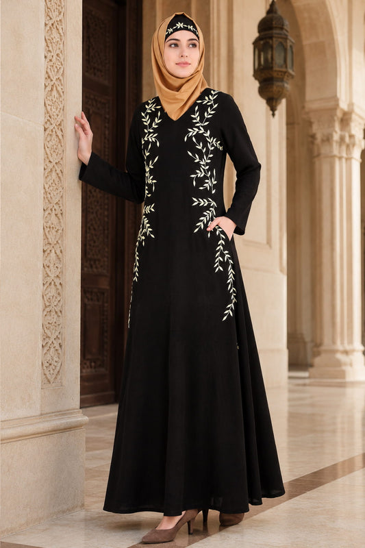 Black Nida Leaf Embroidered Abaya