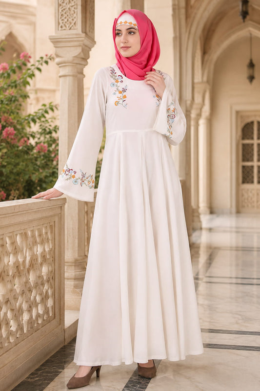 Colorful Embroidered Bell Sleeve White Abaya
