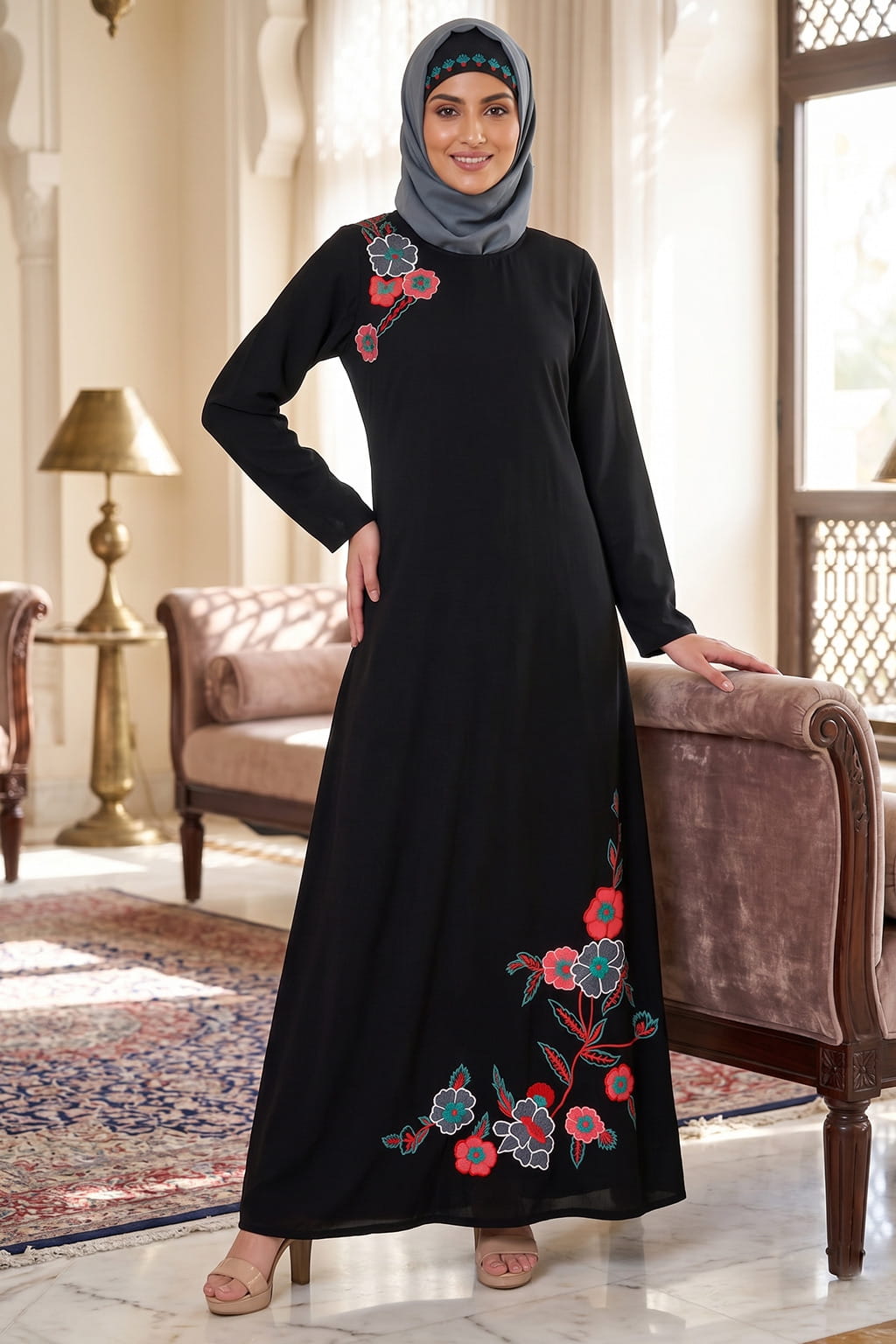 Floral Patch Work A-Line Abaya