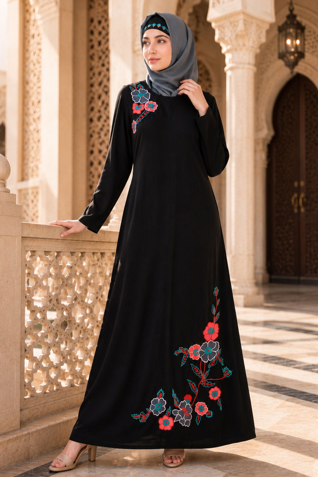 Floral Patch Work A-Line Abaya