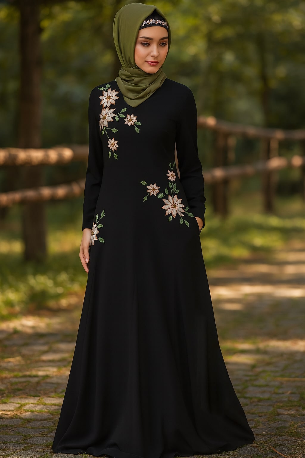 Woman wearing a black dress with floral patterns and a green hijab in a natural setting.