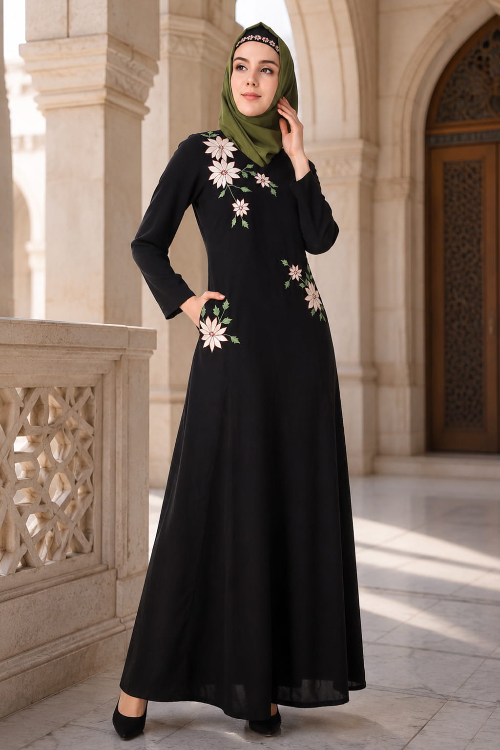 Floral Embroidery Nida Flared Abaya