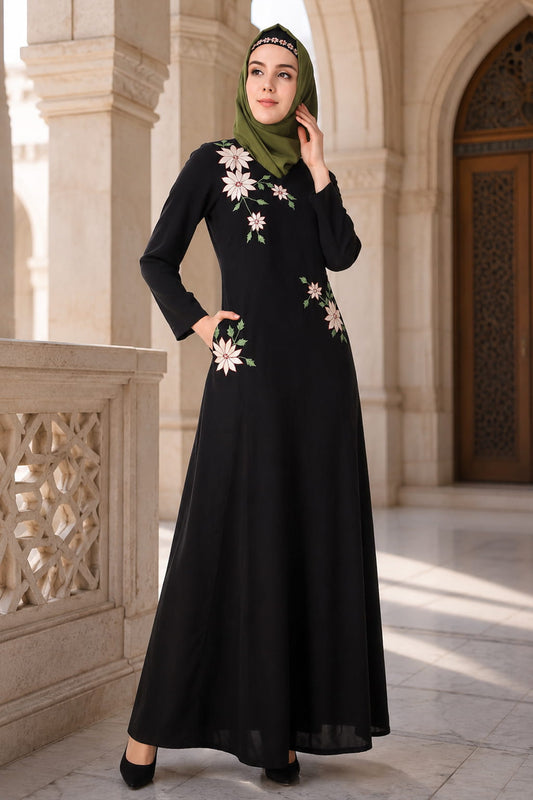 Floral Embroidery Nida Flared Abaya
