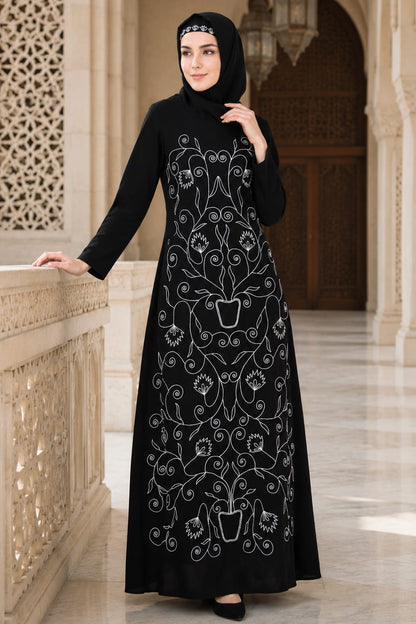 Front Floral Embroidered A-Line Abaya