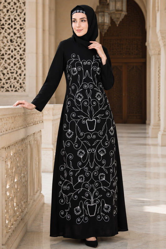 Front Floral Embroidered A-Line Abaya
