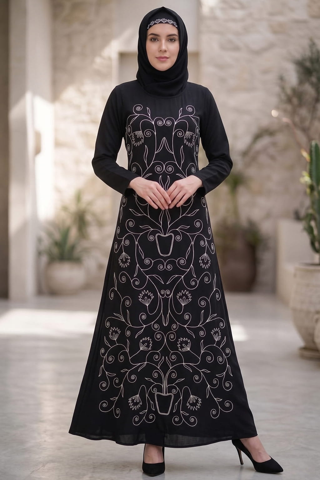 Front Floral Embroidered A-Line Abaya