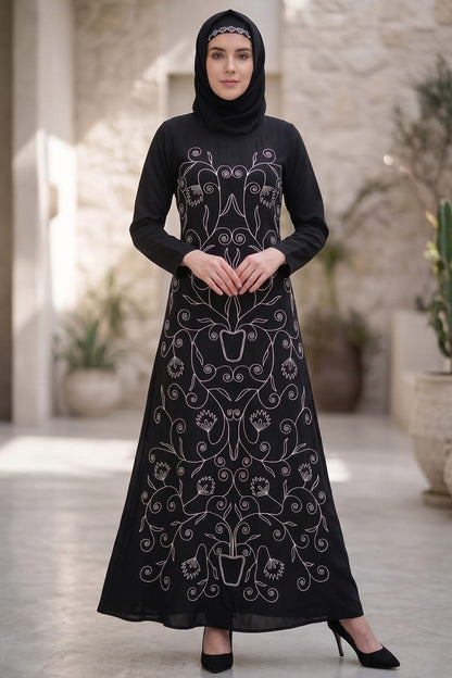 Front Floral Embroidered A-Line Abaya