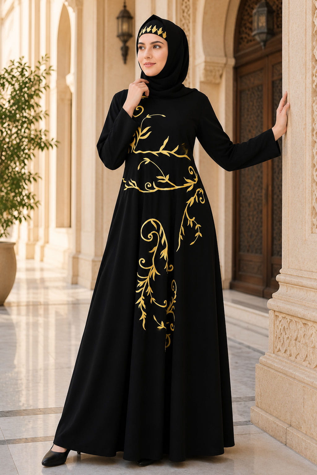 Single Color Floral Embroidery Anarkali Abaya