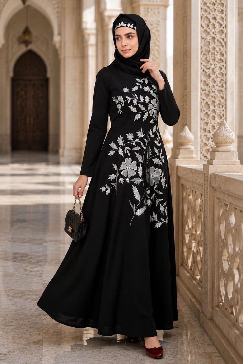 Contrast Embroidery Heavily Flared Abaya