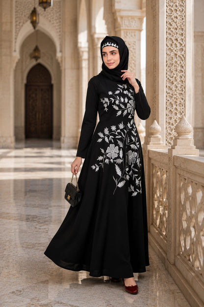 Contrast Embroidery Heavily Flared Abaya