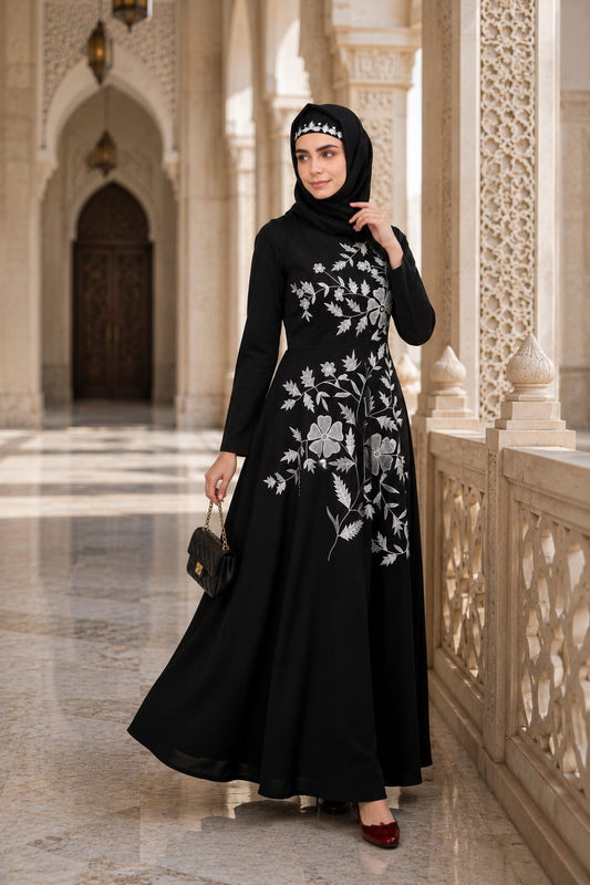 Contrast Embroidery Heavily Flared Abaya