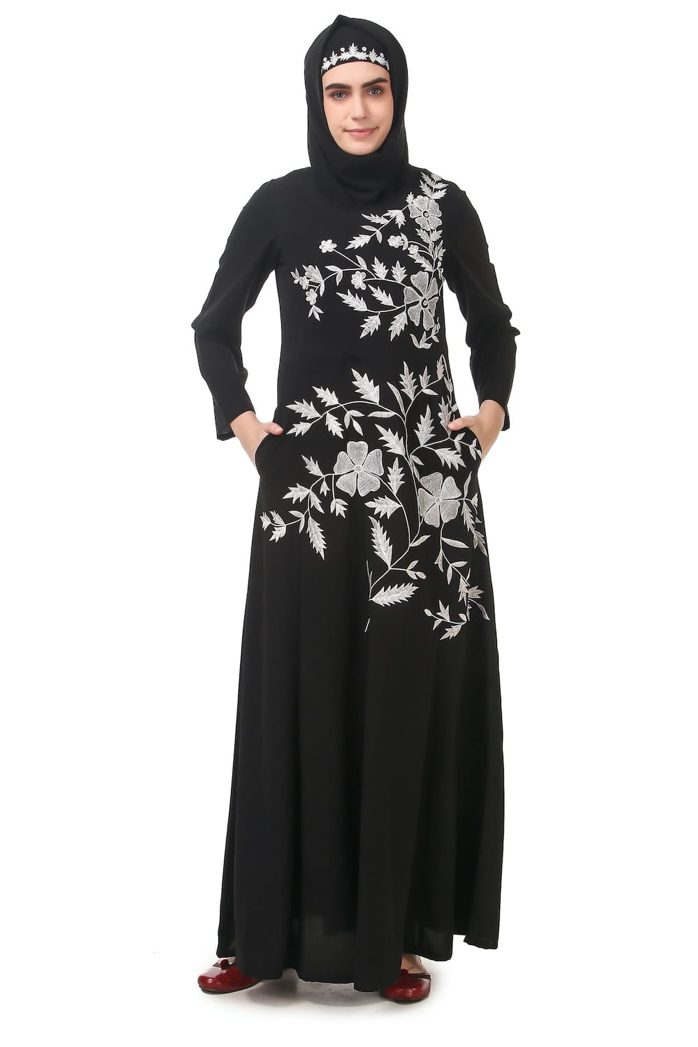 Contrast Embroidery Heavily Flared Abaya