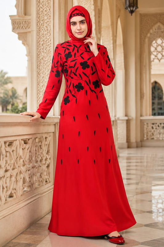 Black Floral Embroidery Red Rayon Abaya