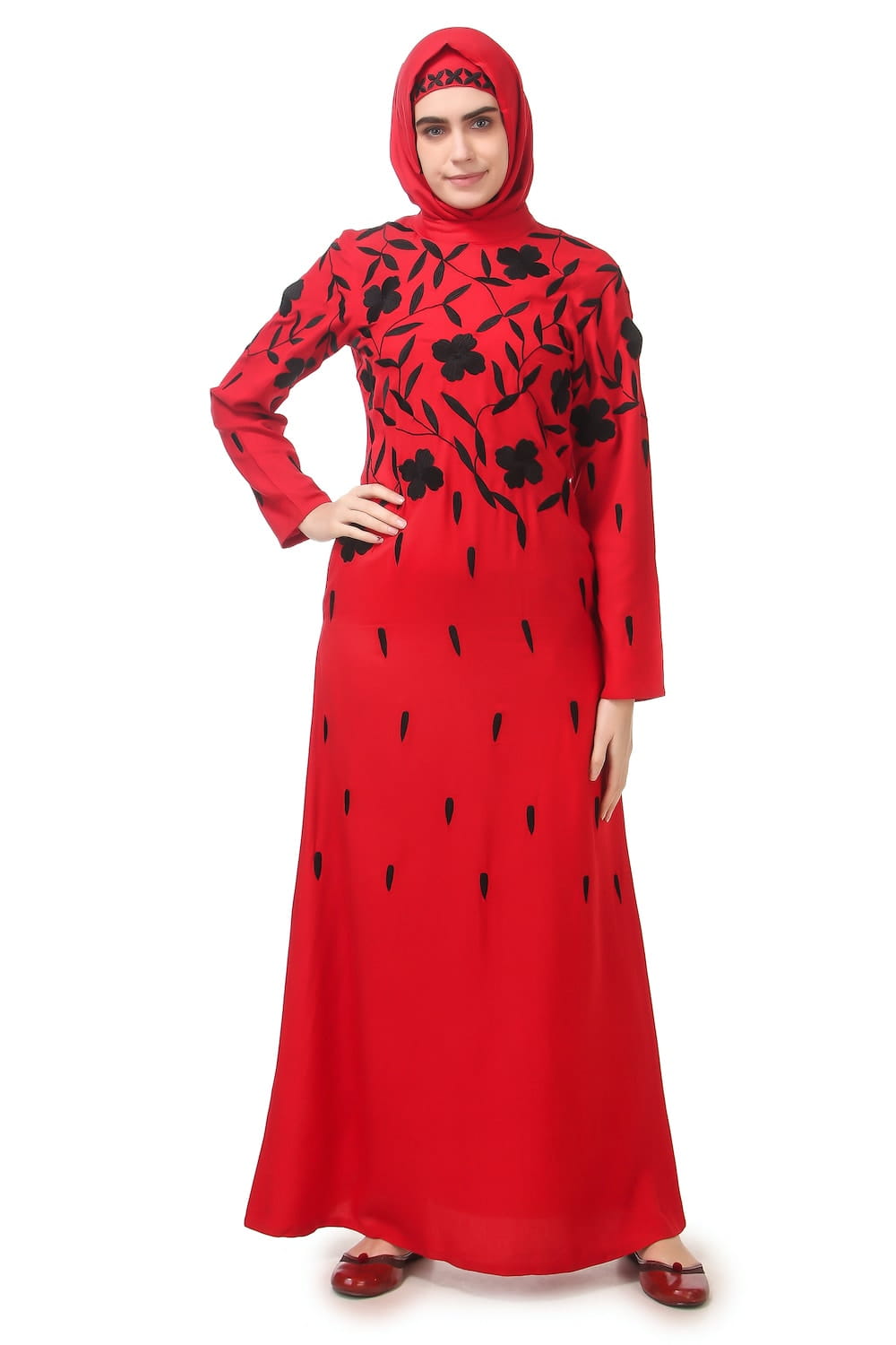 Black Floral Embroidery Red Rayon Abaya