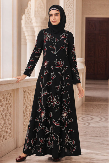 All Over Floral Embroidered Semi Circular Abaya