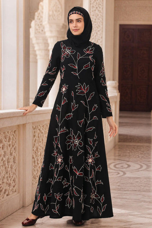 All Over Floral Embroidered Semi Circular Abaya