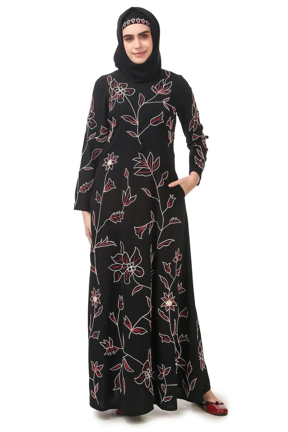 All Over Floral Embroidered Semi Circular Abaya