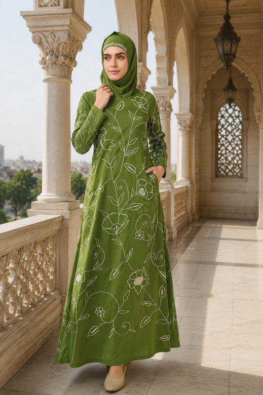 All Over Floral Embroidered A-Line Abaya