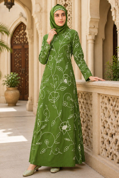 All Over Floral Embroidered A-Line Abaya