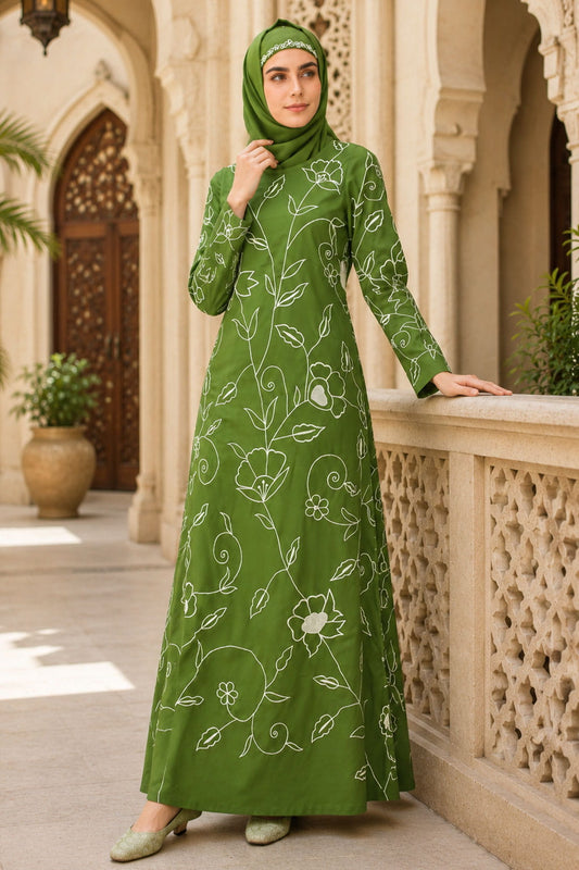 All Over Floral Embroidered A-Line Abaya