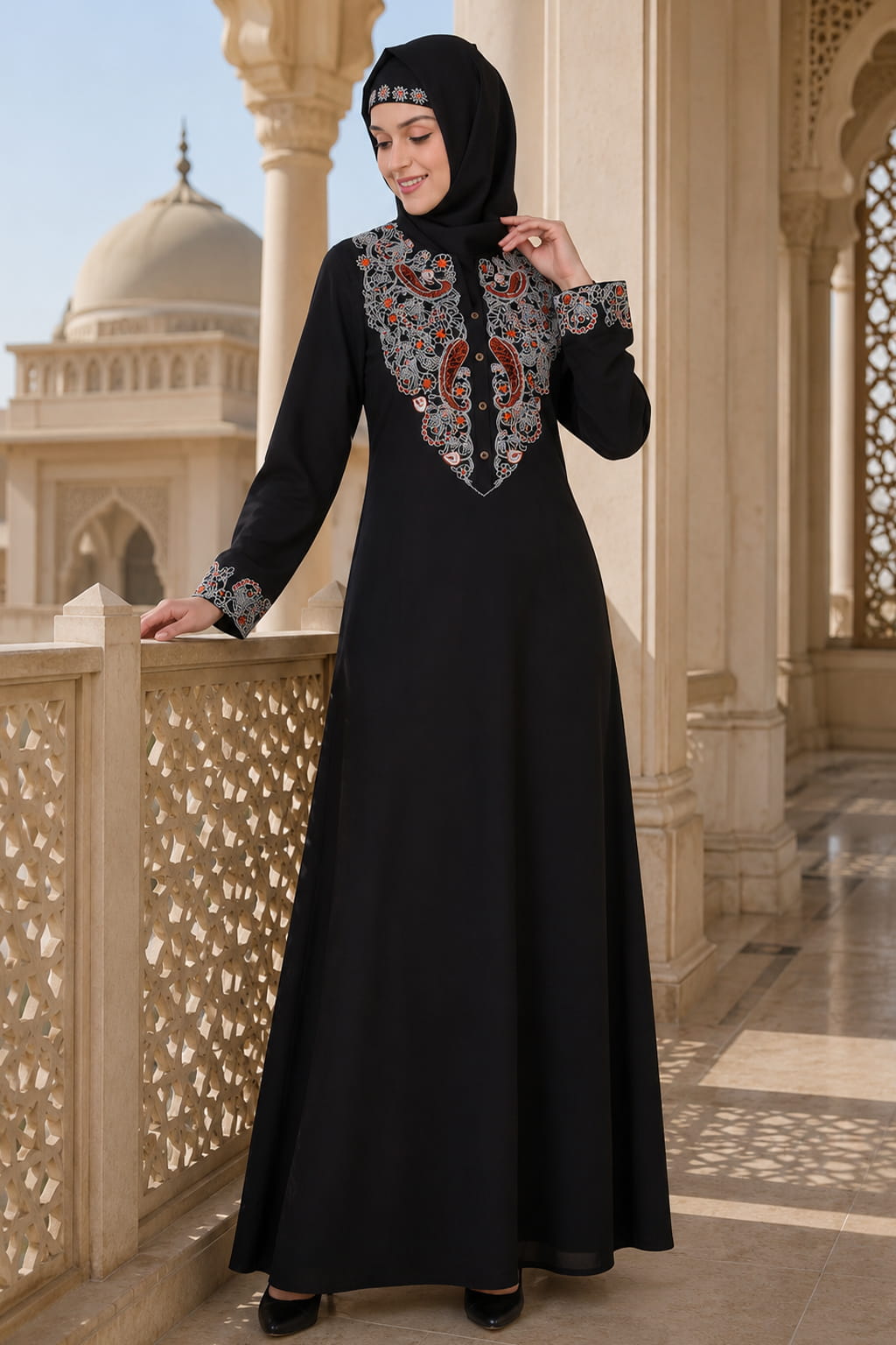 Faux Buttoned Front Paisley Embroidered Abaya